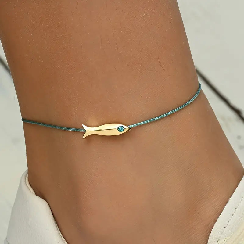 Capri Dainty Fish Charm Adjustable Anklet turquoise