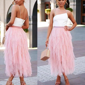 Florence Italian Midi Tulle Skirt A-line Elastic High Waist Irregular Layered Tiered Mesh Ballet Prom Wedding Party One Size Skirt