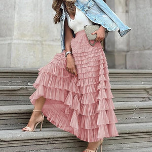 Sorrento Italian Women Layered Tulle Long Skirt UK Naples Ladies Fashion High Waist Solid Colour Frill Trim Ruffle Midi Skirt in Dusky Pink