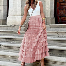 Load image into Gallery viewer, Sorrento Italian Women Layered Tulle Long Skirt UK Naples Ladies Fashion High Waist Solid Colour Frill Trim Ruffle Midi Skirt in Dusky Pink
