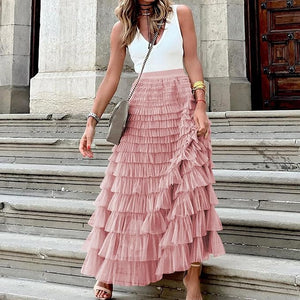 Sorrento Italian Women Layered Tulle Long Skirt UK Naples Ladies Fashion High Waist Solid Colour Frill Trim Ruffle Midi Skirt in Dusky Pink