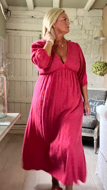 Feathers of italy Sicily long sleeved v neck cheesecloth maxi sundress in fuchsia leopard print