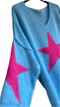 Load image into Gallery viewer, Feathers Of Italy Italian wool Jumper Capri Bold Star Jumper in Blue and Pink
