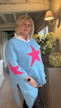 Load image into Gallery viewer, Feathers Of Italy Italian wool Jumper Capri Bold Star Jumper in Blue and Pink
