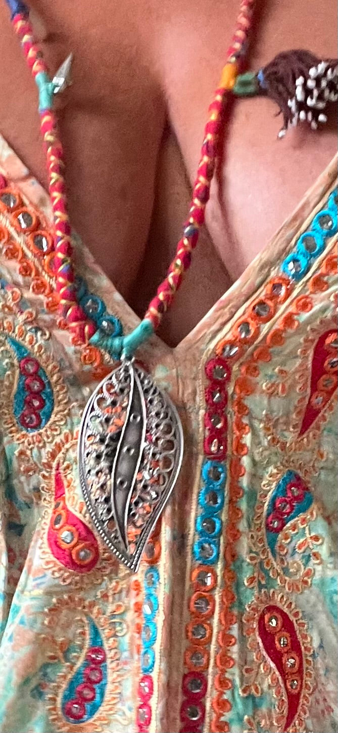 Limited addition Boho fabric necklace turquoise with silver coloured leaf