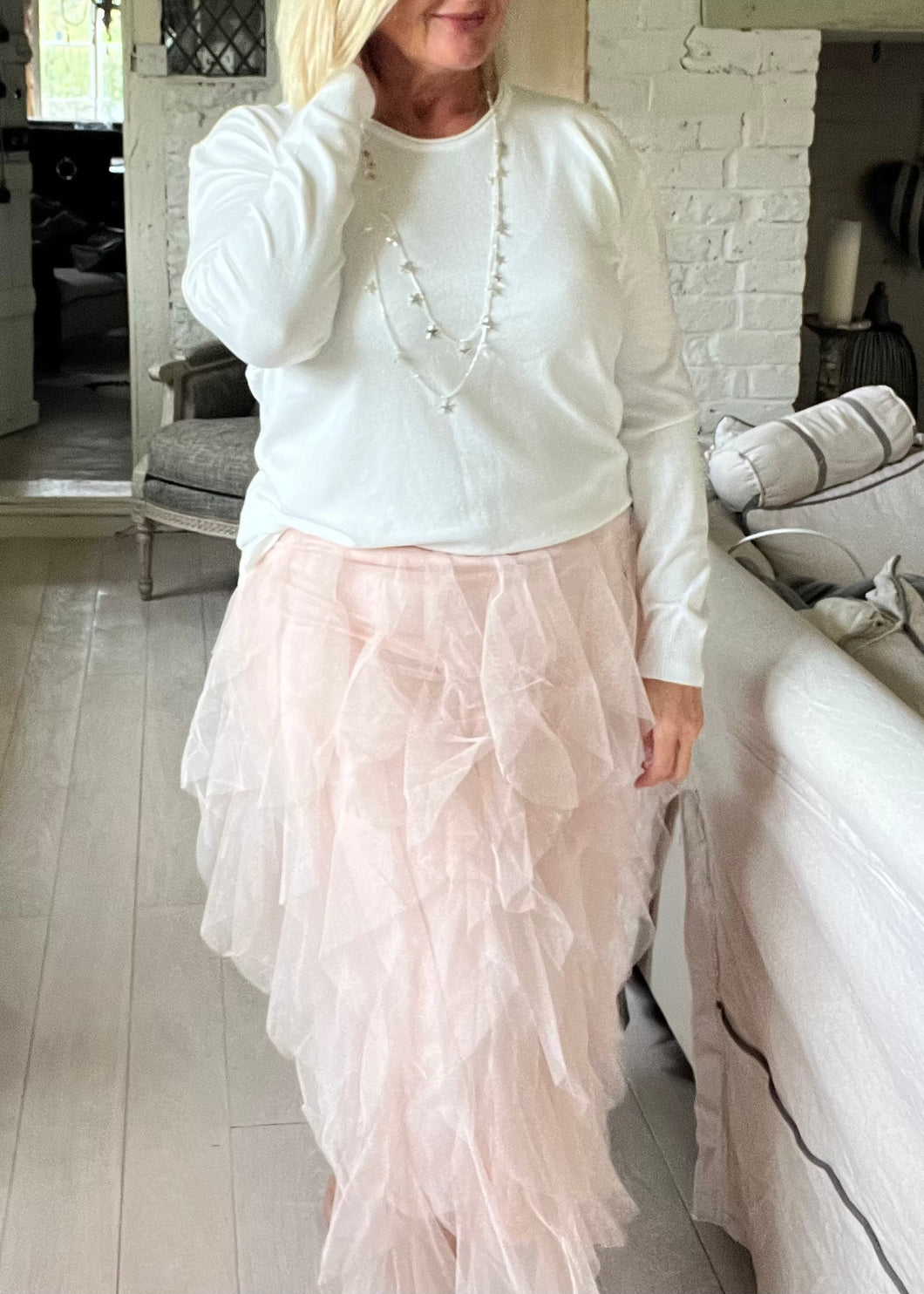 Florence Italian Midi Tulle Skirt A-line Elastic High Waist Irregular Layered Tiered Mesh Ballet Prom Wedding Party One Size Skirt