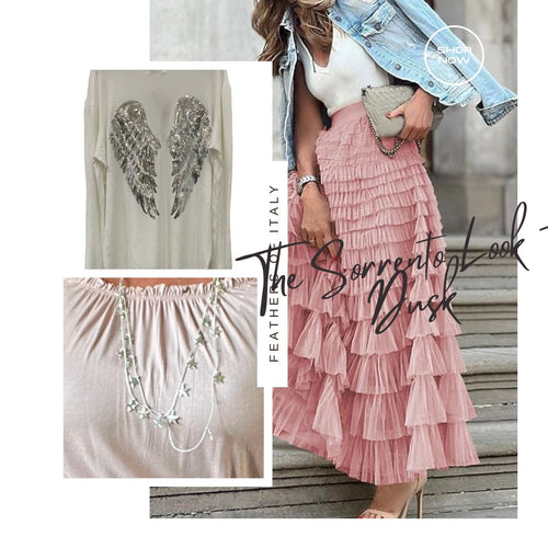 The Sorrento Look - Dusk by Feathers Of Italy Tule skirt angle wings jumper star necklace