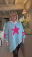 Load and play video in Gallery viewer, Feathers Of Italy Italian wool Jumper Capri Bold Star Jumper in Blue and Pink
