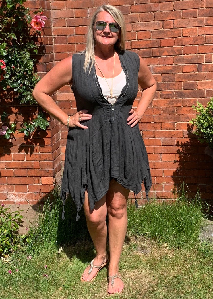 Vienna Zip Linen Dress in Slate Feathers Of Italy