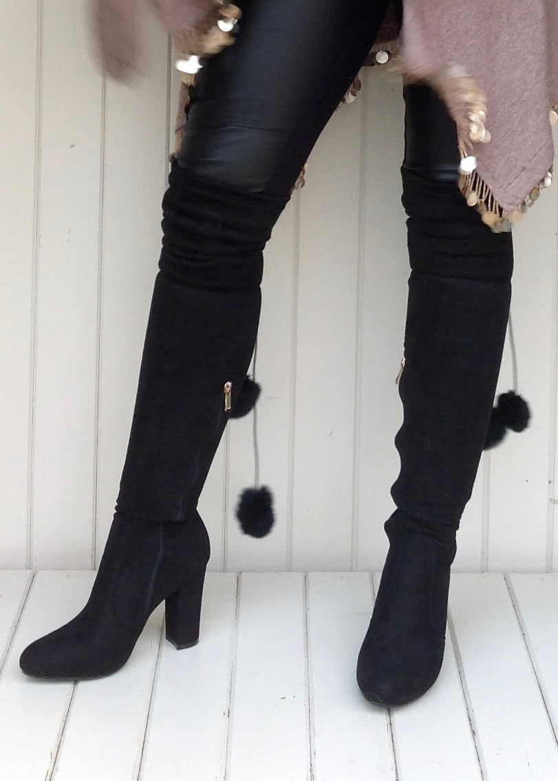 Anah faux suede fluffy tassel shop knee high boots in black